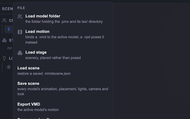 Negi's file menu, open on its import and export entries